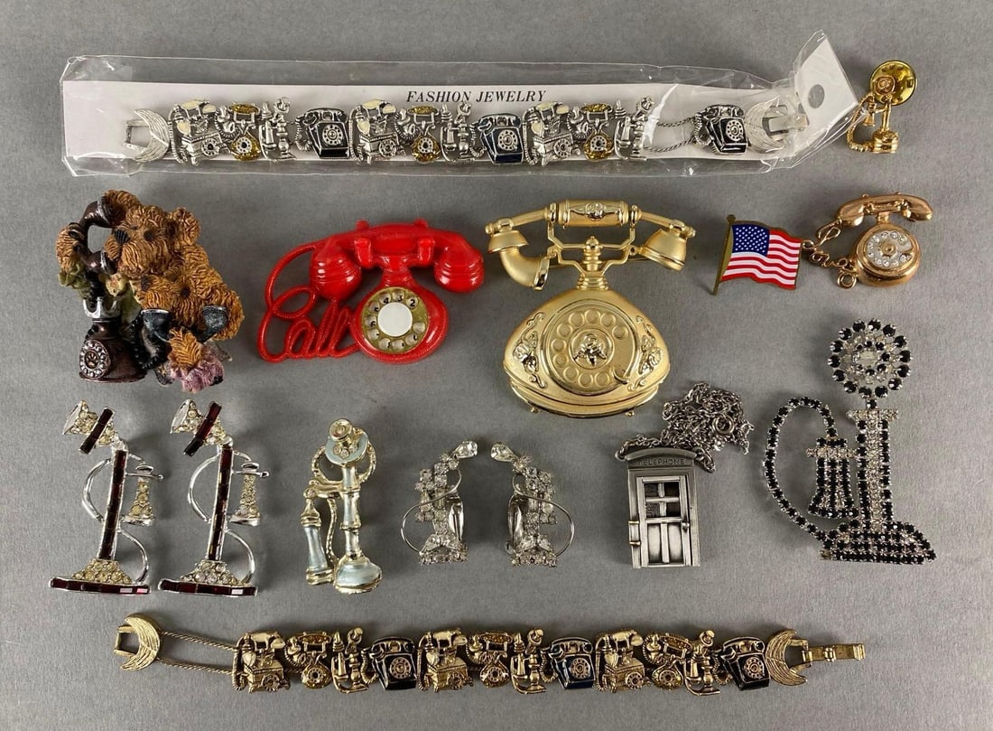 Group of 14 Telephone Themed Pins and More: Includes rhinestoned pins, bracelets, necklace, and more, Largest pin measures 2 1/2 x 2 1/2 inches.