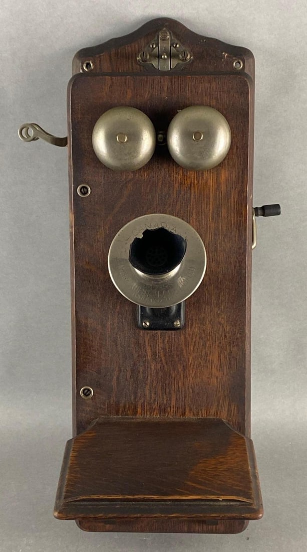 Canadian Independent Telephone Co. Wall Hanging Hand Crank Telephone: Untested, Missing Receiver, Large part of mouthpiece broken off, Measures 22 x 12 x 12 1/2 inches.