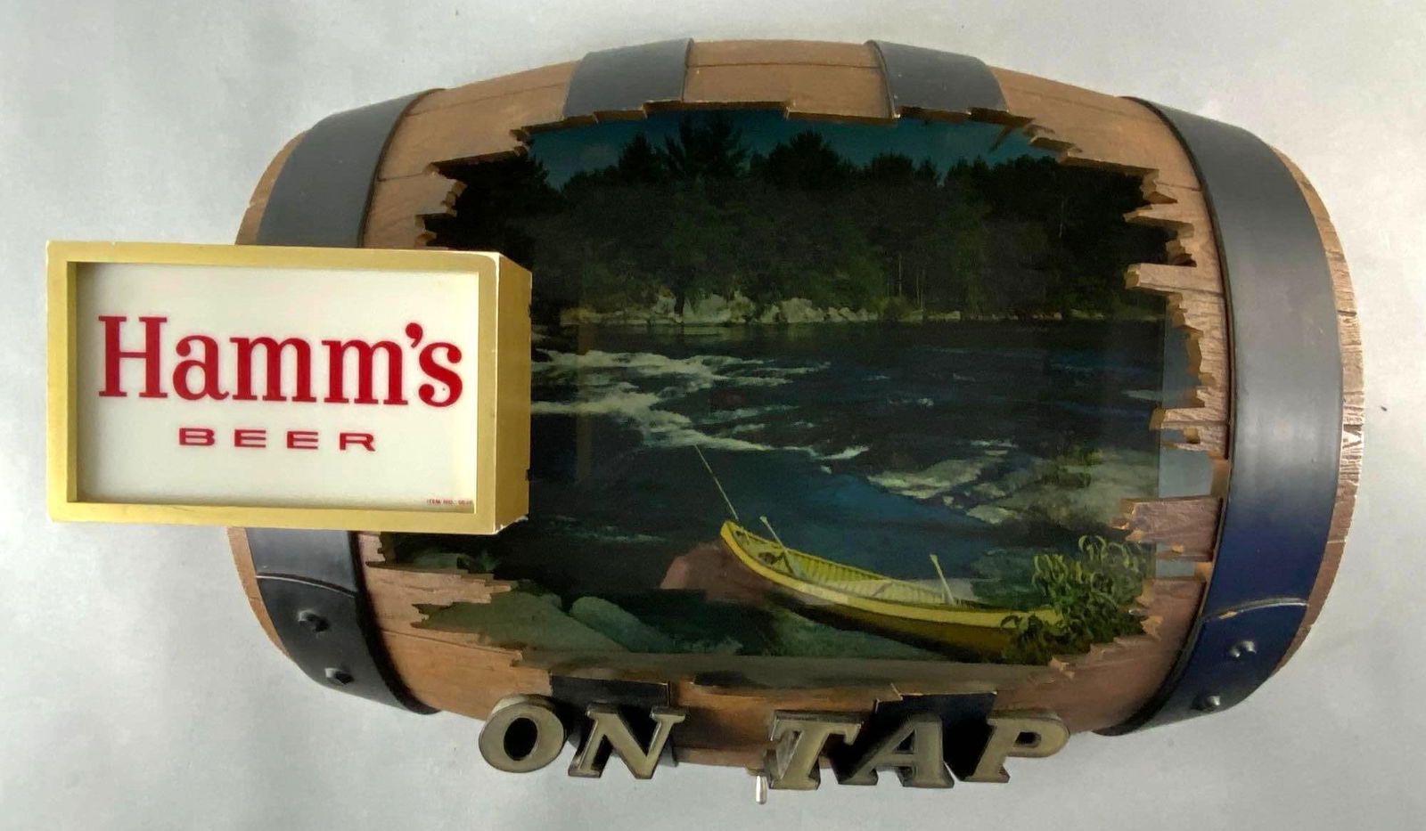 Hamms Beer Barrel Light Up Advertising Beer Sign: In working condition, Measures 16 x 21 x 8 inches.