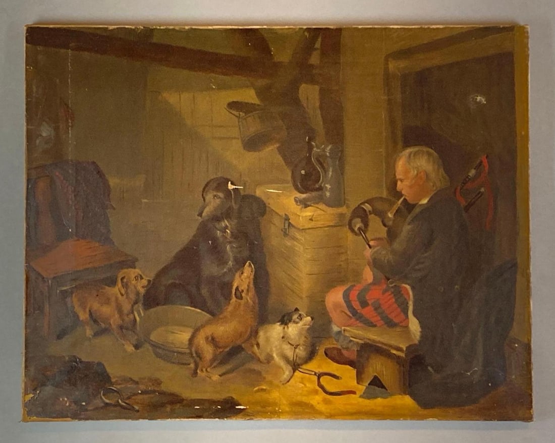 19th Century Style of Edwin Henry Landseer Highland Music Oil Painting on Canvas: Small tear across front, Small punch tire near top right corner, Canvas measures 18 x 23 inches.