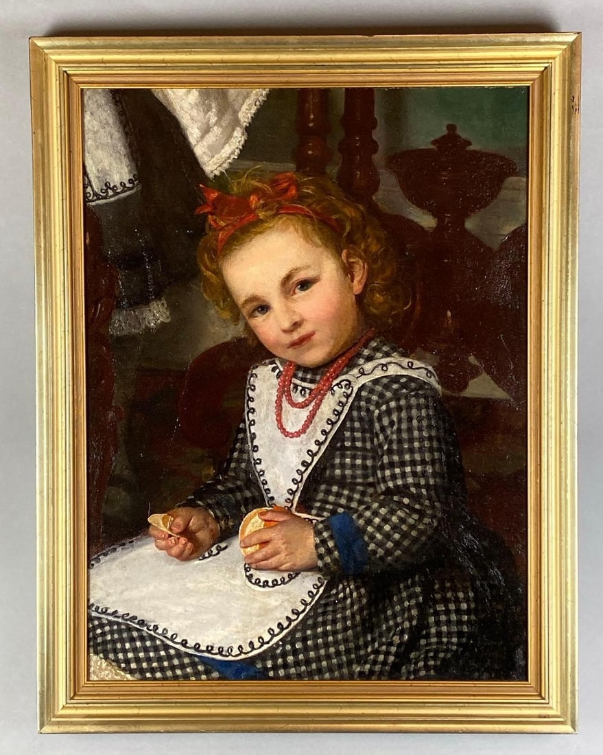 Young Girl Peeling Orange Oil Painting on Board (1 of 2)