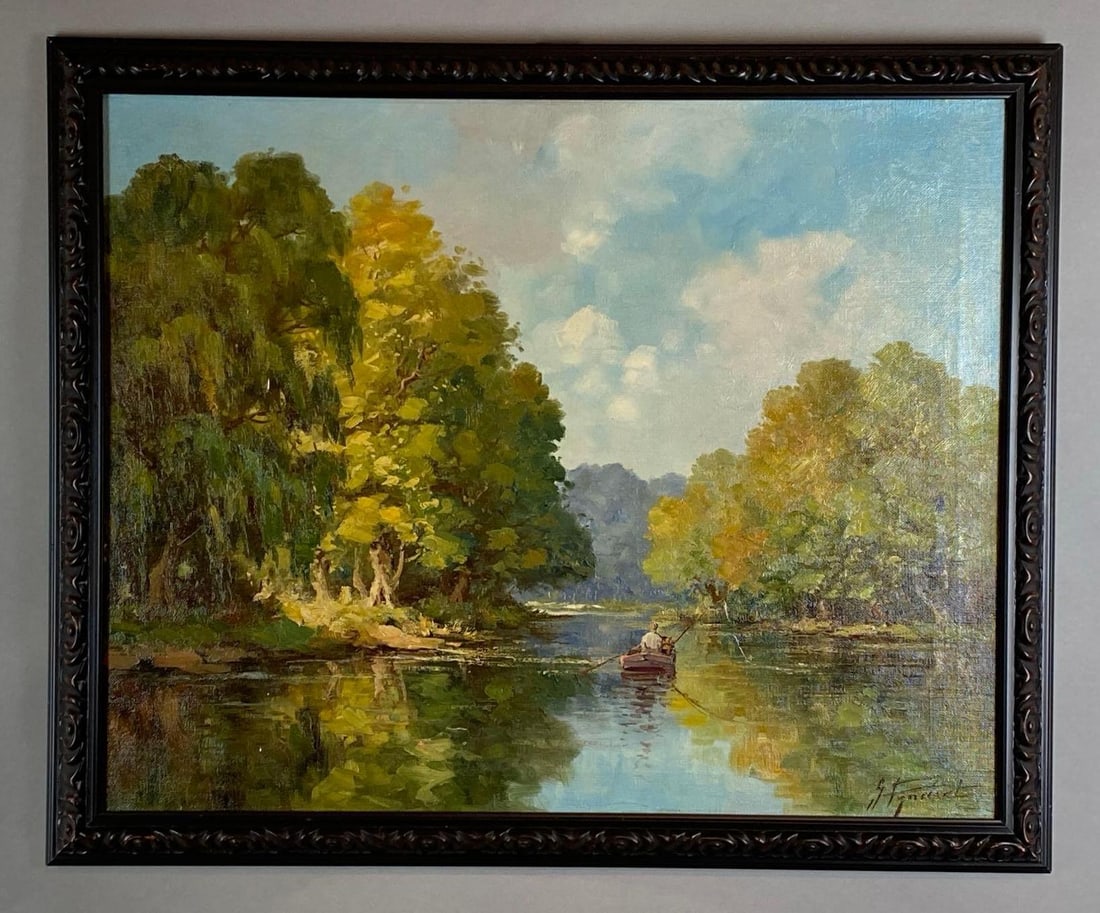 Artist Signed Impressionist Fishing on the River Oil Painting on Canvas: Artists signature on bottom right corner, Frame measures 27 1/4 x 33 1/4 inches, Canvas measures 24 x 30 inches.