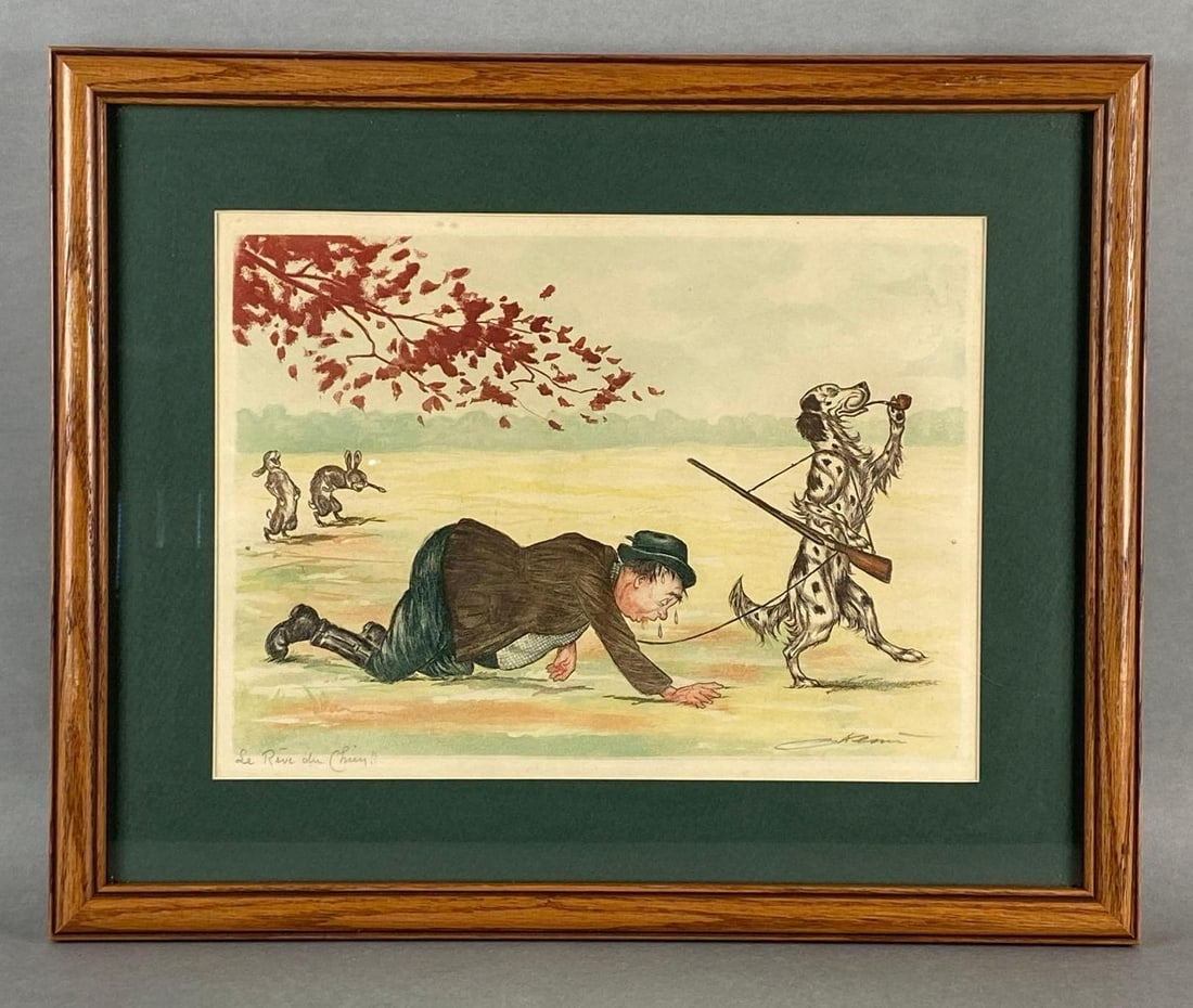 Boris OKlein Le Reve du Chien (The Dogs Dream) Engraving: Artists signature on bottom right corner, Frame measures 14 3/4 x 18 inches, Engraving measures 10 x 14 inches.