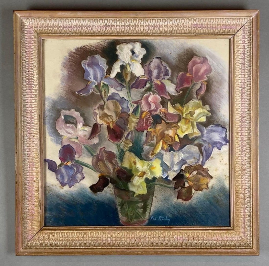 Pat Risley Still Life Floral Bouquet Oil Pastel on Paper: Artists signature on bottom edge, Dixon, Illinois Artist, Frame measures 22 1/2 x 22 1/2 inches, Painting measures 18 1/2 x 18 1/2 inches.