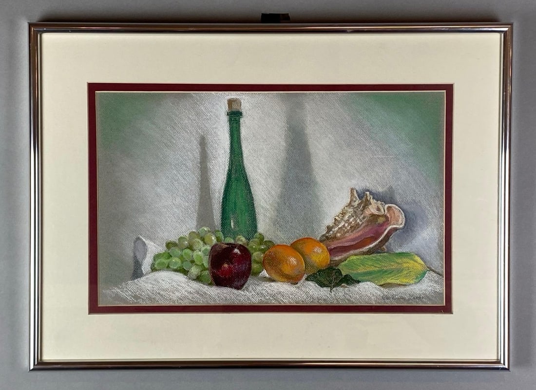 Pat Risley Lathe Still Life with Green Bottle Oil Pastel Painting on Paper: Artists signature on bottom right corner, Dixon, Illinois Artist, Frame measures 18 1/4 x 25 1/4 inches, Painting measures 12 x 19 inches.
