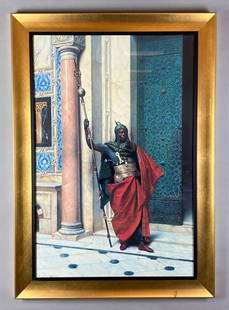 Ludwig Deutsch A Nubian Guard Art Print: Artists signature printed in bottom left corner, Original painting created in Paris in 1895, Frame measures 41 1/2 x 29 1/2 inches, Print measures 36 x 24 inches.