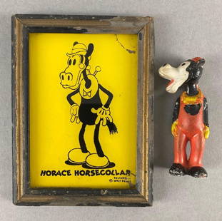 Group of 2 Vintage Disney Horace Horsecollar Items: Includes small porcelain figurine, and D-110 collectors enameled glass, Largest measures 5 3/4 x 4 1/4 inches.