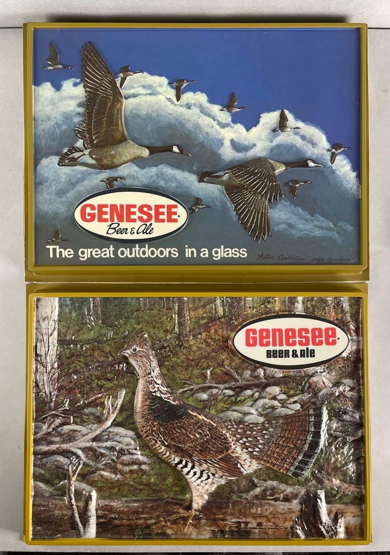 Group of 2 Genesee Beer and Ale Embossed Advertising Signs: Includes 1983 geese, and pheasant sign. Each measure 14 1/2 x 19 1/2 x 1 1/2 inches