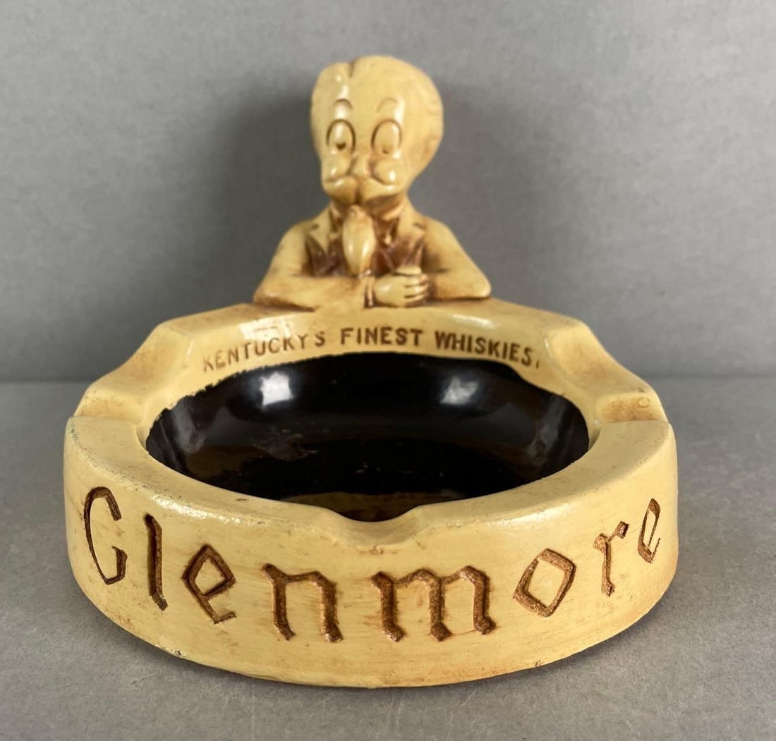 Vintage Glenmore Whiskey Chalk Advertising Ashtray: 2 chips on bottom. Measures 4 x 6 x 5 inches
