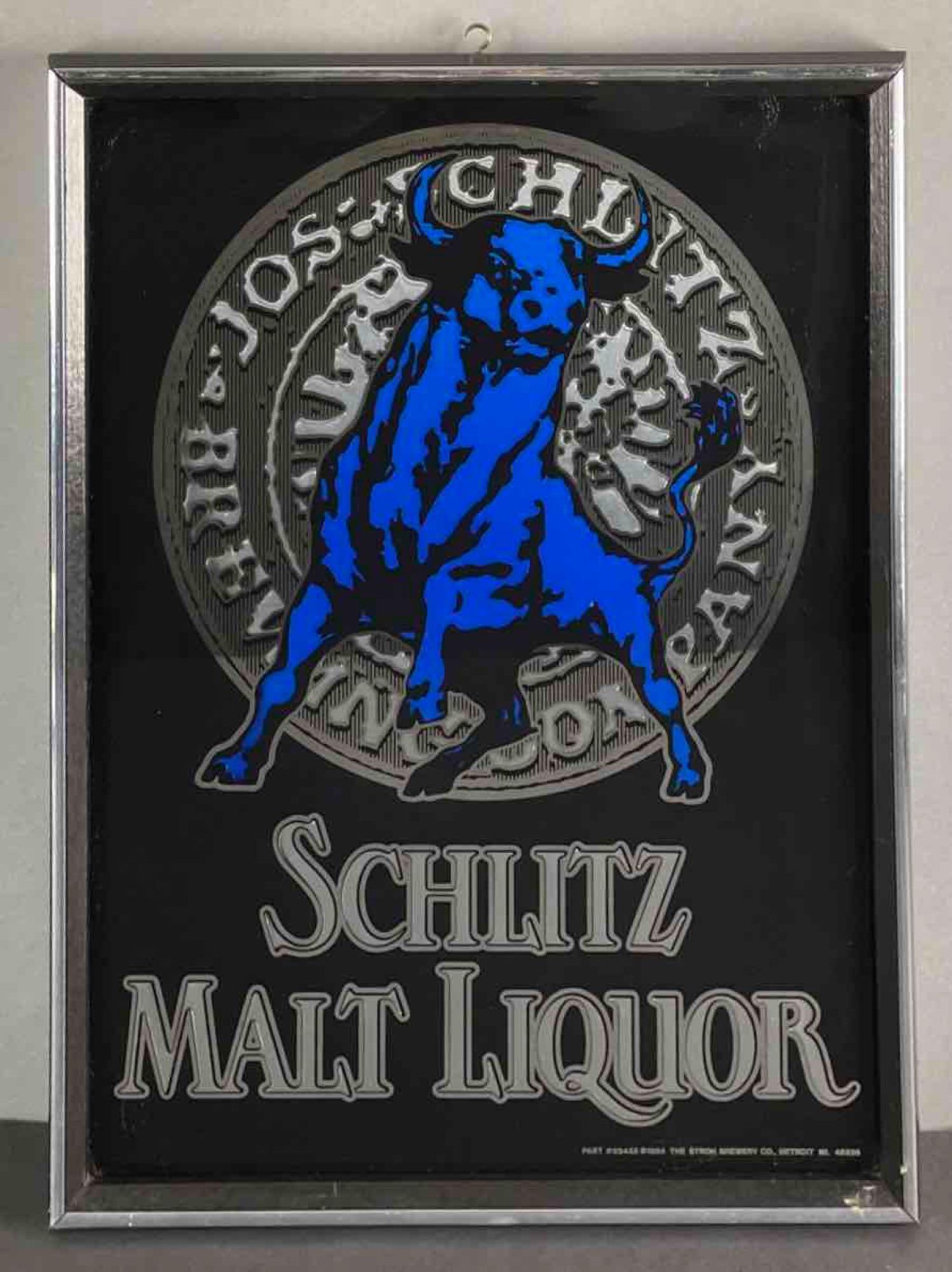 Schlitz Malt Liquor Bull Beer Advertising Mirror: 1984, measures 21 1/4 x 16 1/4 inches
