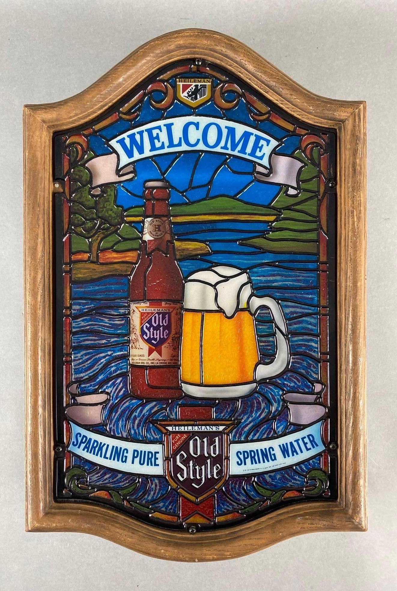 1980 Old Style Stained Glass Style Advertising Beer Sign: Untested, Missing plug, Measures 19 x 12 3/4 x 4 1/2 inches.