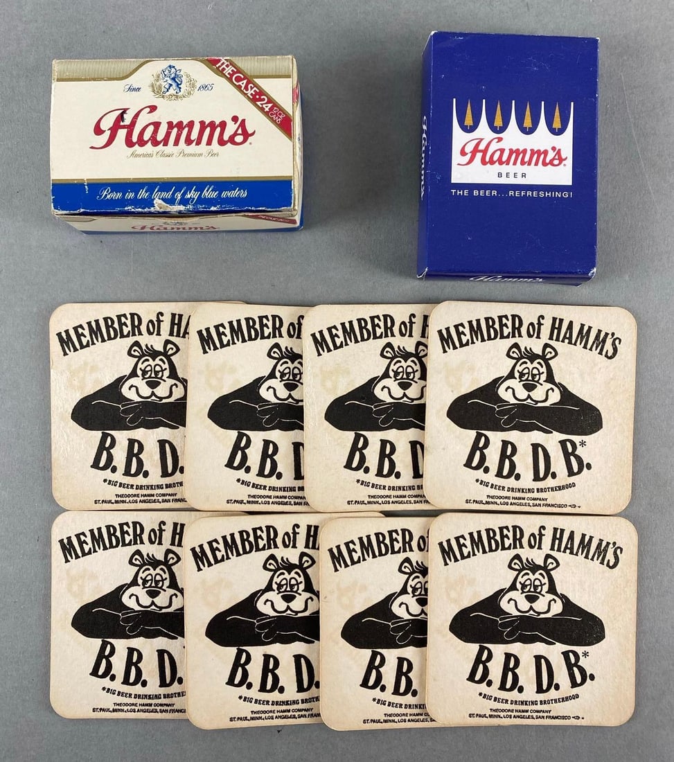 Group of Vintage Hamms Beer Advertising Card Decks and Coasters: Includes 3 sealed decks of cards, and 8 coasters, Coasters measure