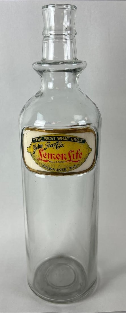 Vintage John Graff Co. Lemon Life Advertising Glass Bottle: 12 x 3 1/2 inches