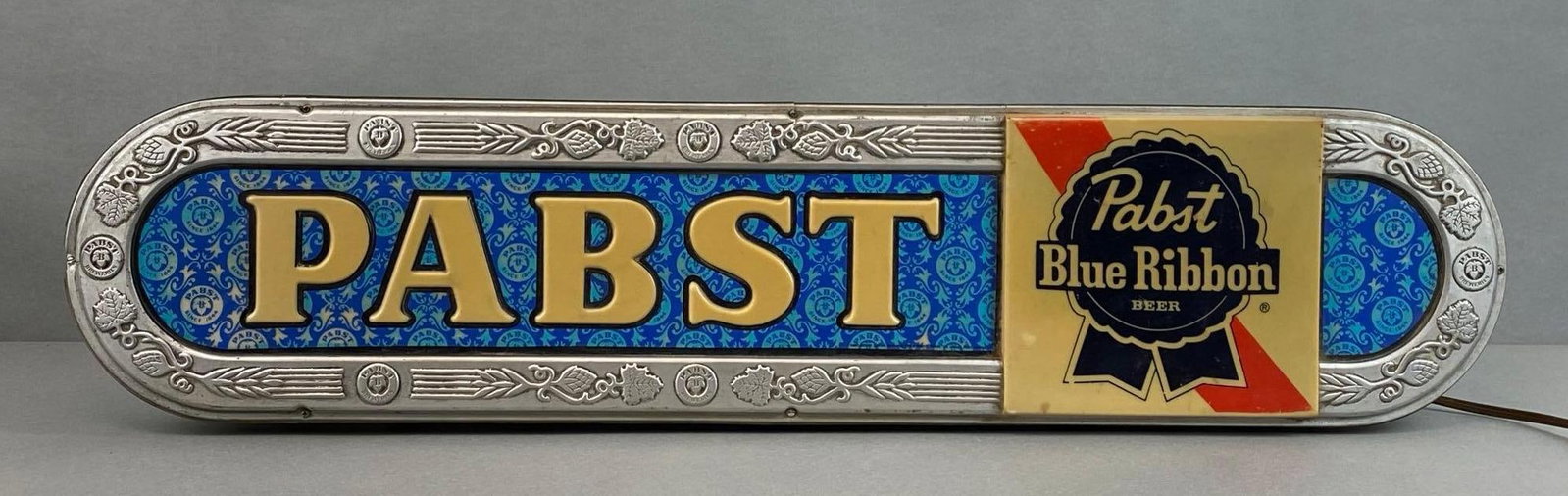 Vintage Pabst Blue Ribbon Beer Light Up Advertising Sign: In working condition, measures 8 3/4 x 37 x 4 1/4 inches