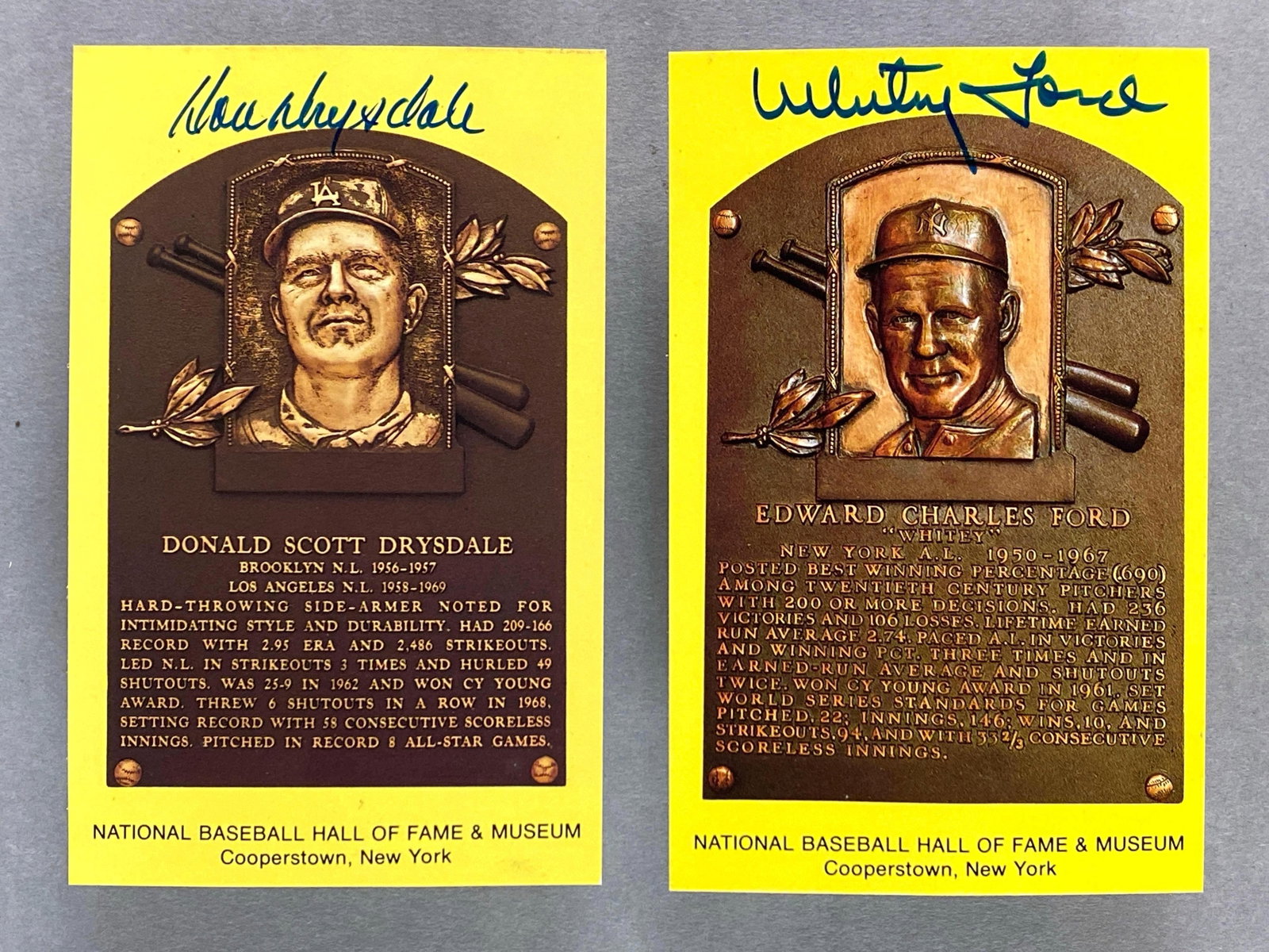 Whitey Ford and Don Drysdale Signed Hall of Fame Plaque Cards: Whitey Ford and Don Drysdale Signed Hall of Fame Plaque Cards
