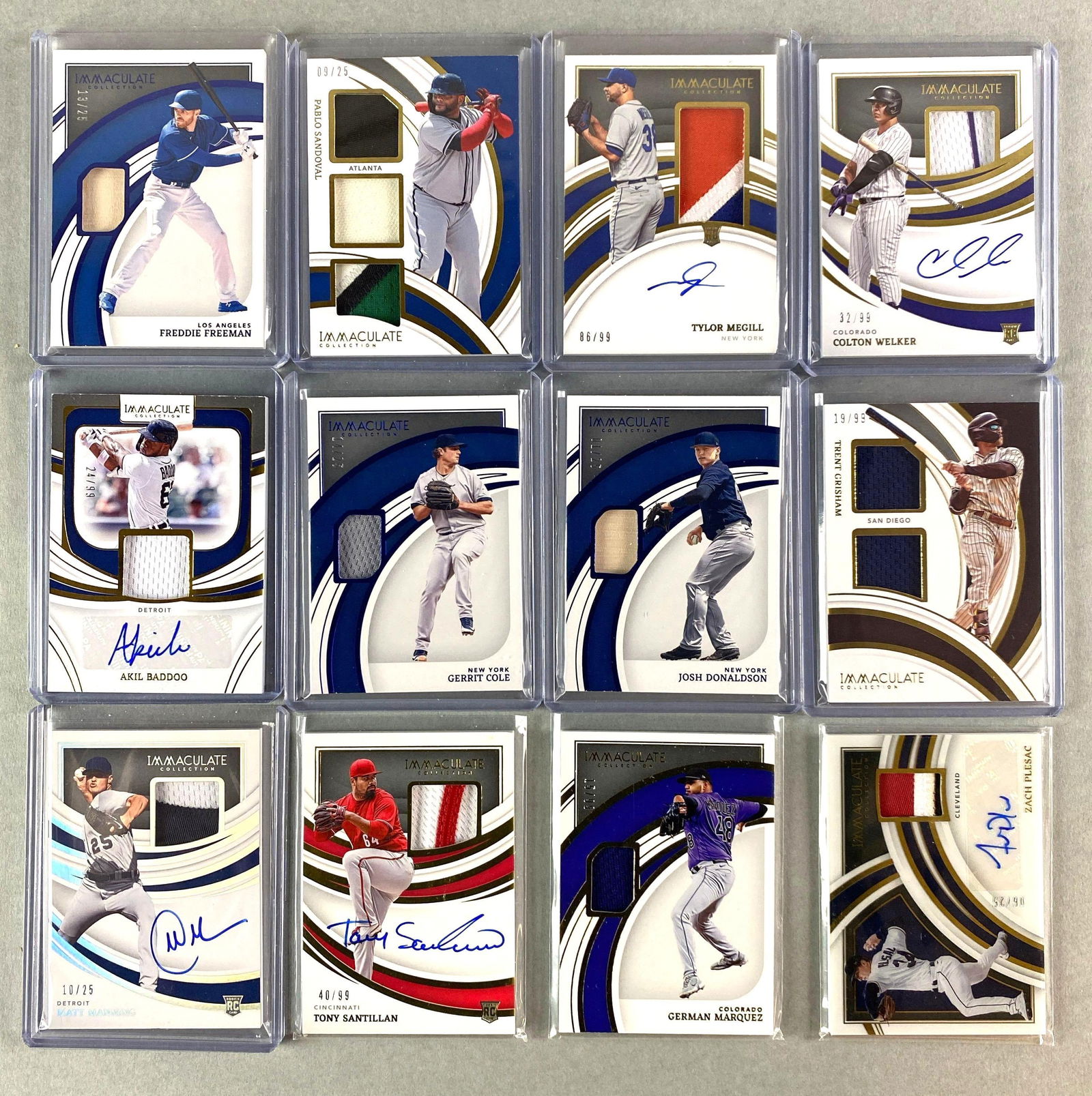 12 - 2022 Panini Immaculate Collection RPAs, Autos and Relics: 12 - 2022 Panini Immaculate Collection RPAs, Autos and Relics, Freddie Freeman Bat 13/25, Pablo Sandoval Jersey set 9/25, Tylor Megill 3-Color RPA 86/99, Colton Welker 2-Color RPA 32/99, and More