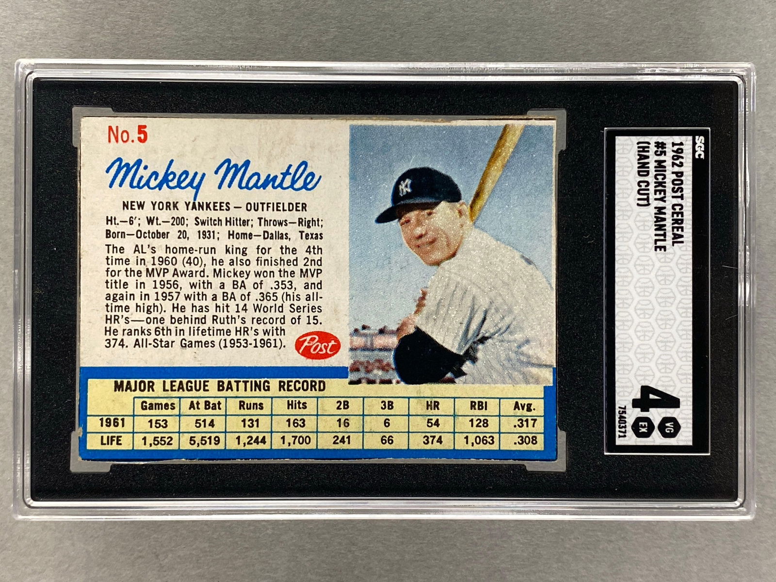 1962 Post Cereal Mickey Mantle #5 Hand Cut SGC 4 (1 of 2)