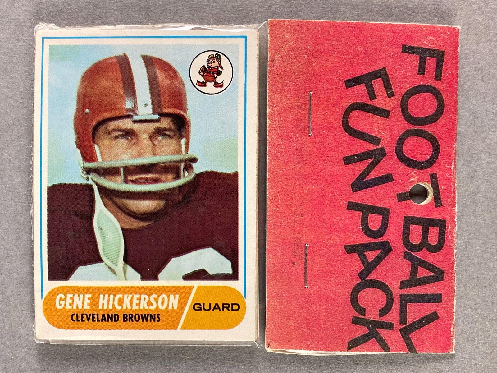 1968 Topps Football West Corps Cello Fun Pack: 10 cards per pack, West Corps was a repacking company in the 1970s, Gene Hickerson on front and Doug Moreau on back
