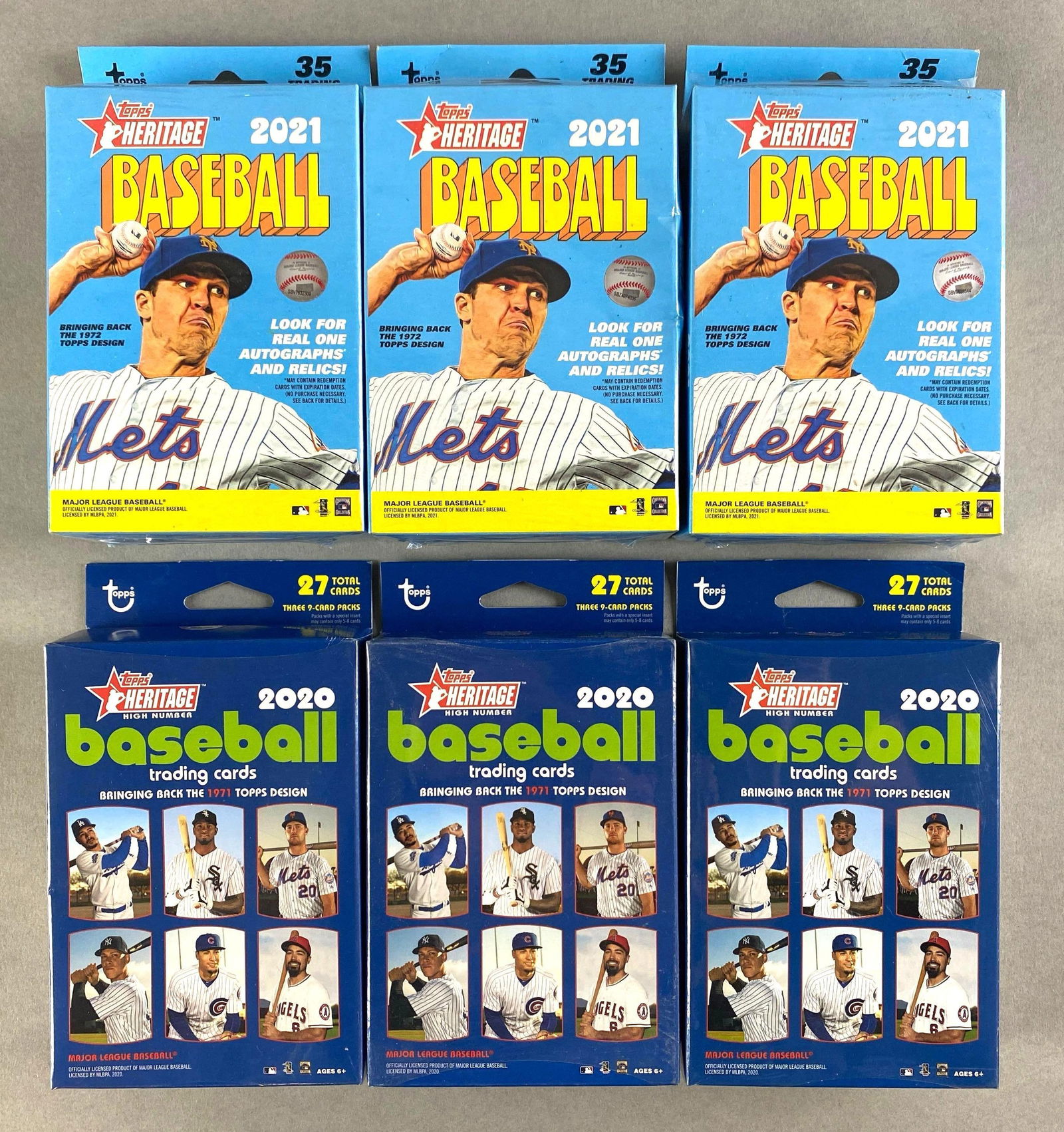 3 - 2020 Topps Heritage Baseball Hanger Boxes + 3 - 2021 Topps Heritage Baseball Hanger Boxes (1 of 2)