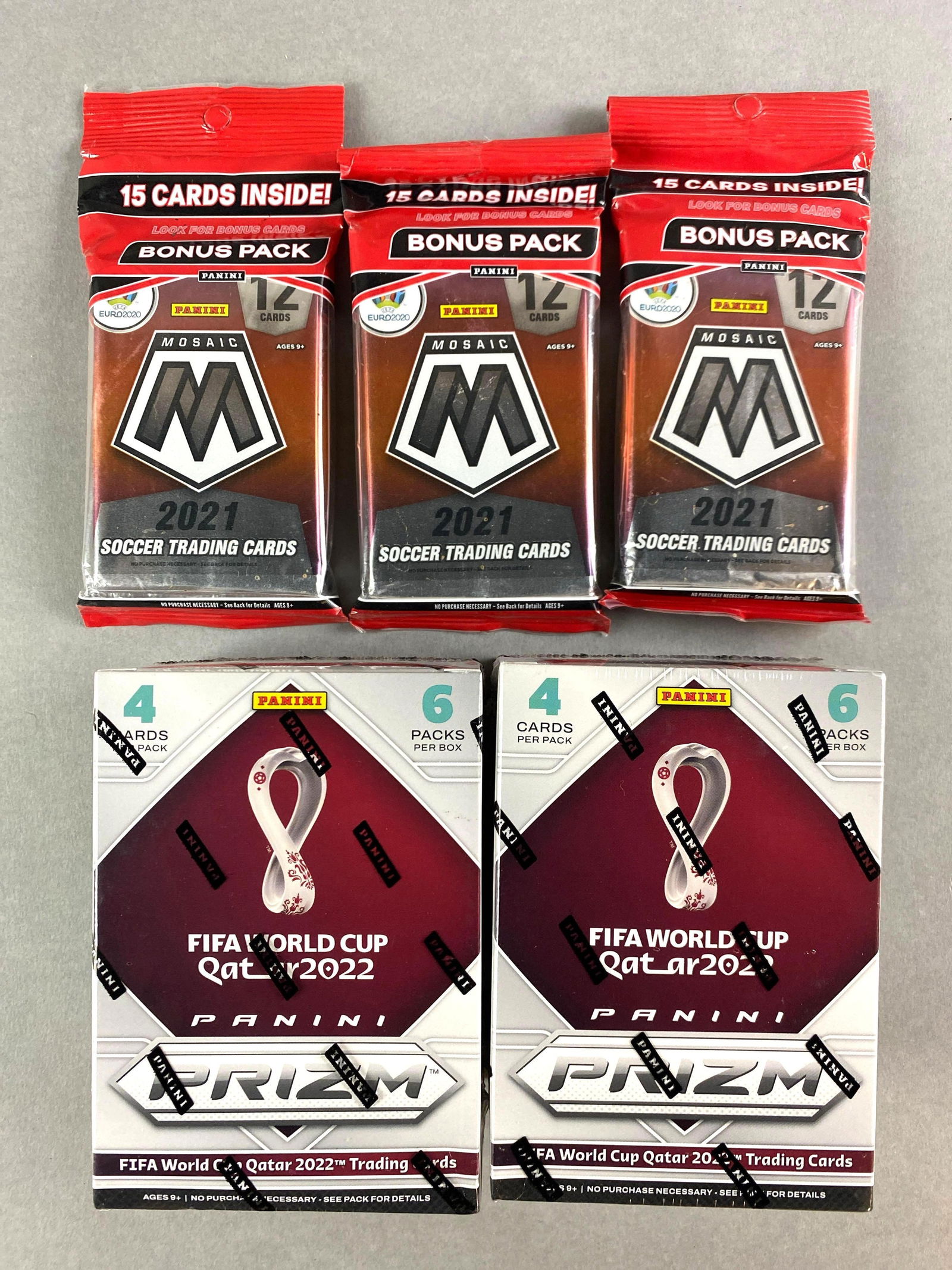 2 - 2022 Panini Prizm Soccer FIFA World Cup Blaster Boxes + 3 - 2021 Mosaic Soccer Value Packs (1 of 3)