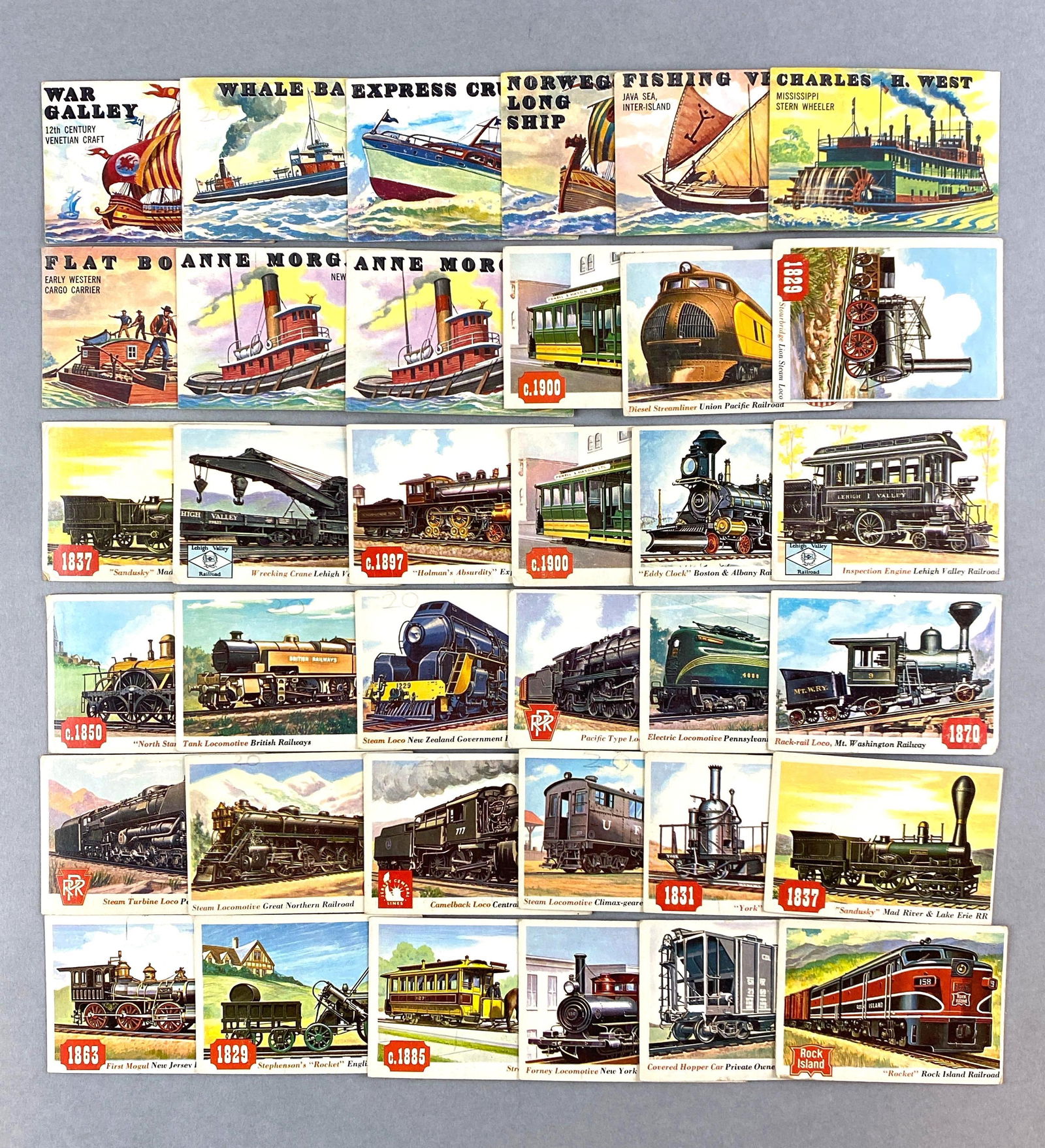 41 - 1955 Topps Rails and Sails Cards: 12 Century War ship, Wester Cargo Flat boat, Mississippi Stern Wheeler, 1829 Stourbridge, 1829 Stephenson Rocket 1837 Sandusky, 1919 Chicago Milwaukee Electric Locomotive and Many More