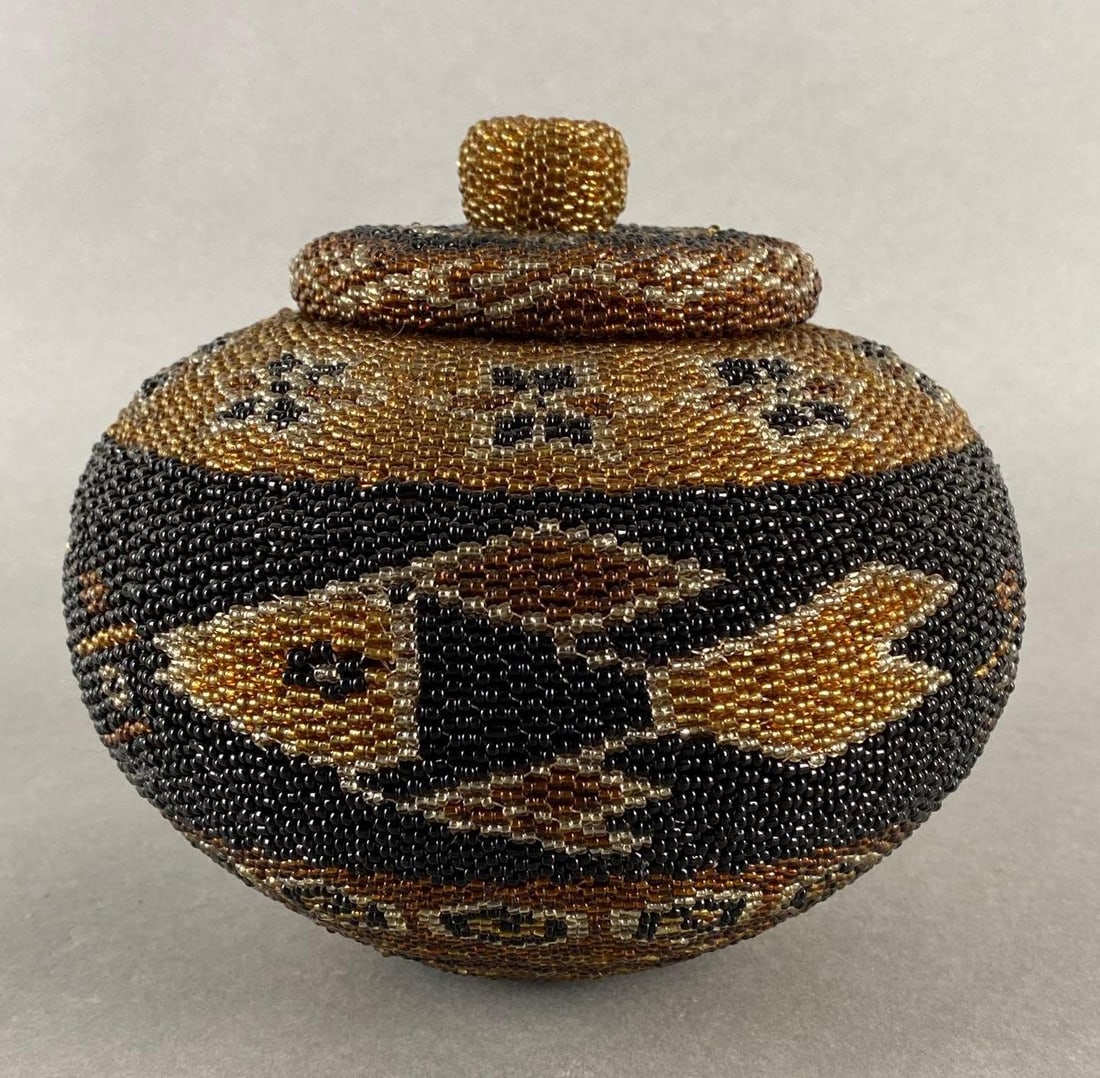 Indonesian Handwoven Glass Beaded Fish Pattern Lidded Basket (1 of 6)