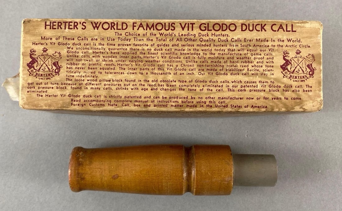 Herters World Damous Vit Glodo Duck Call: Unknown working condition, With original box, With instruction manual (rolled), Box measures 6 1/2 x 2 x 2 inches.