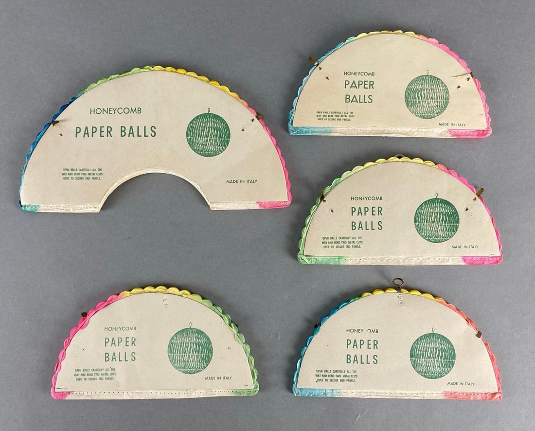 Group of 5 Colorful Honeycomb Paper Balls: Made in Italy, Largest measures 5 1/4 x 9 1/2 inches folded.