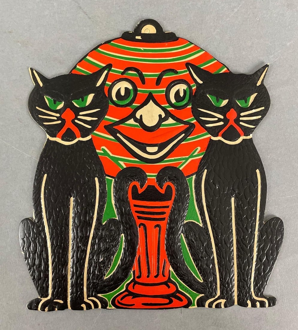 Vintage Black Cats Embossed Halloween Die-Cut Decoration: Measures 9 1/4 x 8 1/4 inches
