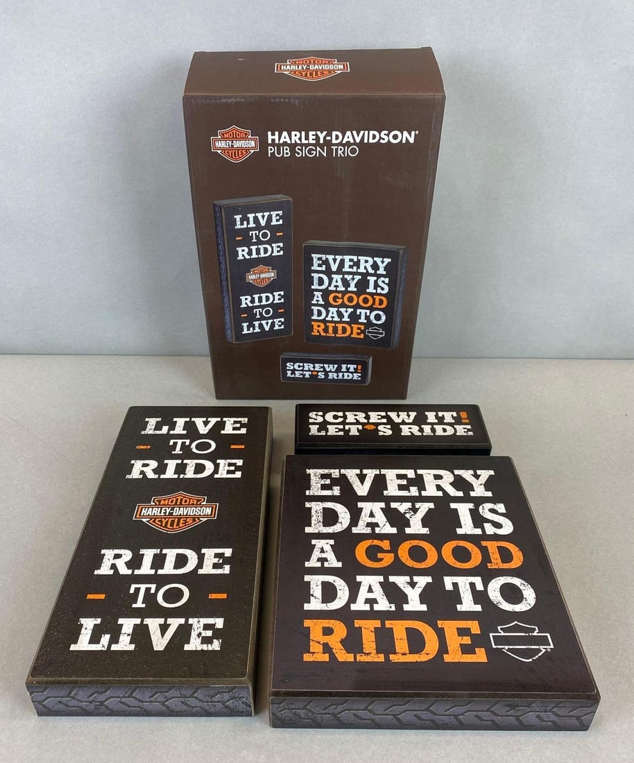 Harley-Davidson Pub Trio-Signs: Like new in original box, largest sign measures 12 x 5 1/2 x 1 1/2 inches