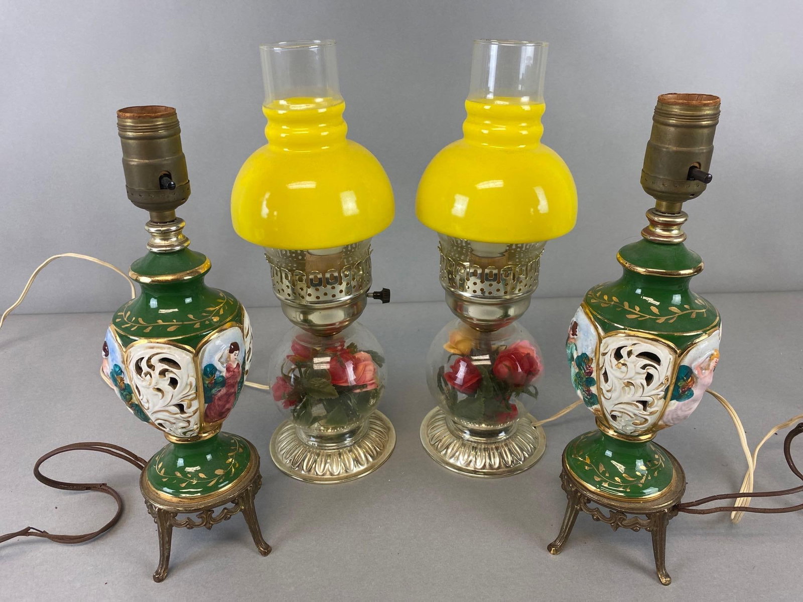 Vintage Lamps Floral and Victorian Style: Yellow Floral Lamps work. Green Victorian lamps wiring frayed and non working. Measures 13 x 5 x 5 , 12 x 4 x 4 inches.