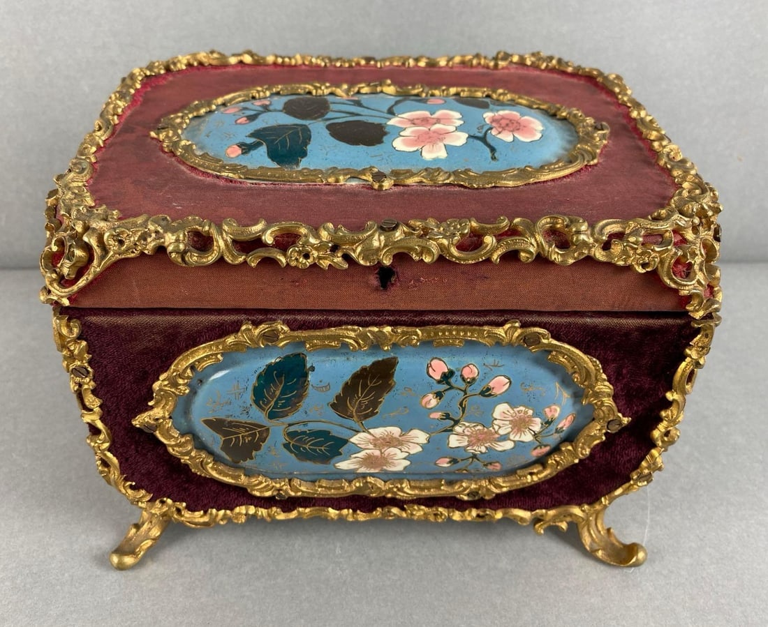 Antique Jewelry Box with Limoge Enamel Panels and Ornate Bronze Decor: Center divider in first layer detached, missing key, measures 6 x 8 1/2 x 6 1/4 inches
