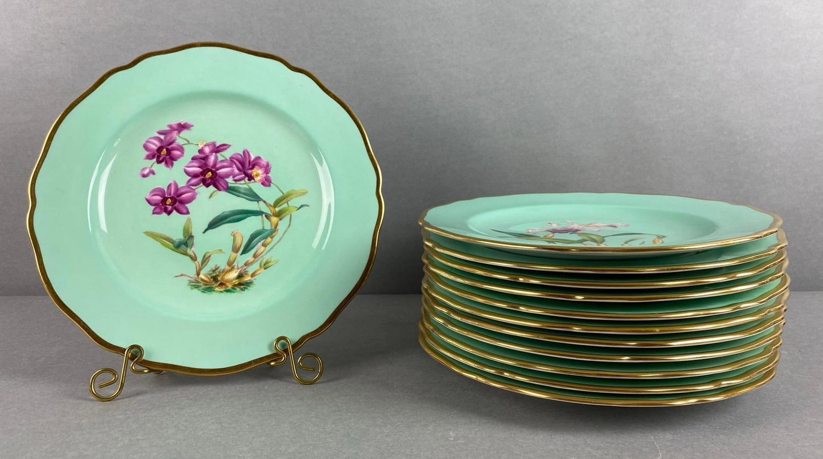 Group of 12 Spode Hand Painted Floral Motif Cabinet Plates: Includes different Floral designs on each plate, plate holder not included, each measures 9 x 9 inches
