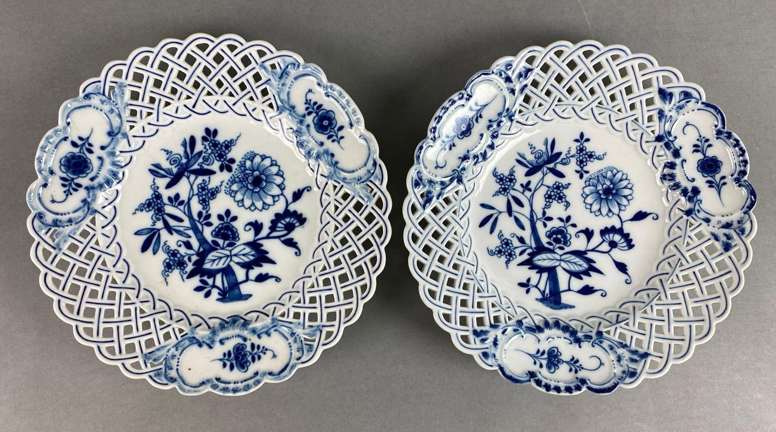 Group of 2 Meissen Flo Blue Porcelain Plates: Makers mark on base, each measures 9 1/4 x 9 1/4 inches