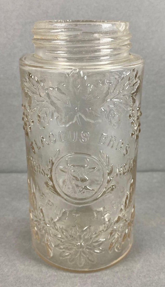 Antique Flaccus Bro Steers Head Glass Fruit Jar: Chips throughout, measures 6 x 2 3/4 x 2 3/4 inches