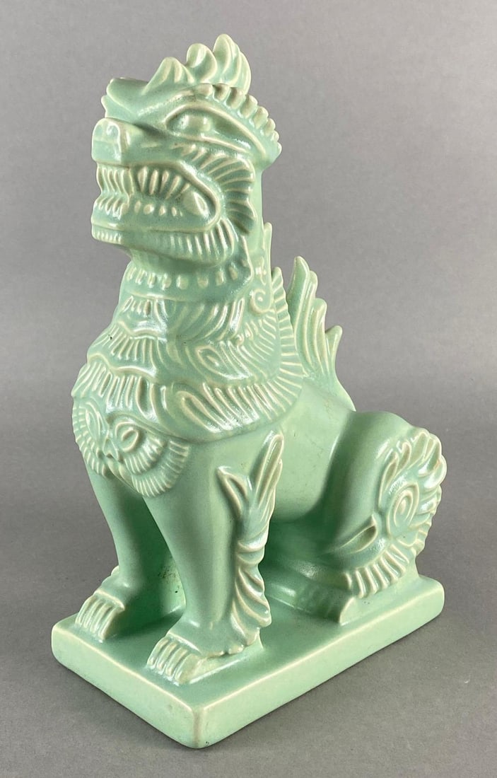 Arnels Green Ceramic Foo Dog Statue: Makers mark on base, Measures 10 3/4 x 6 1/2 x 4 1/2 inches.