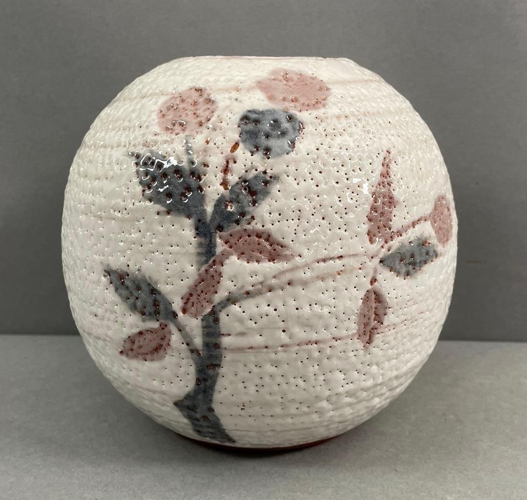 Japanese Floral Tree Round Pottery Vase: Measures 5 3/4 x 6 inches