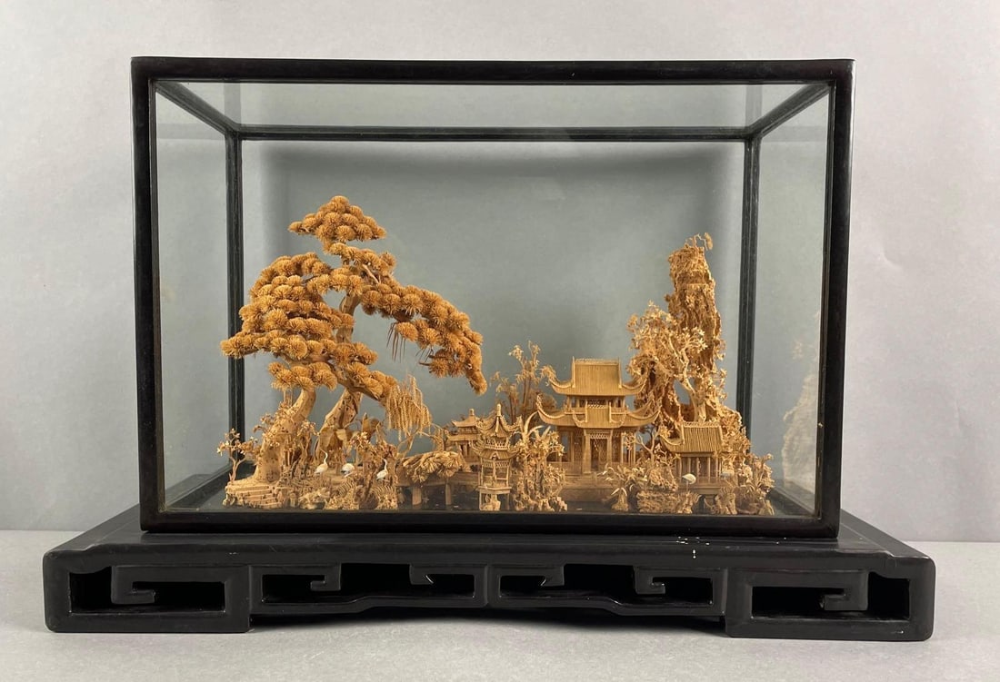 Large Chinese Carved Cork Diorama in Case: No in-house shipping available. 3rd party shipper recommended. Pagodas, herons, trees. Very fragile. Measures 14 1/4 x 21 1/4 x 9 1/2 inches
