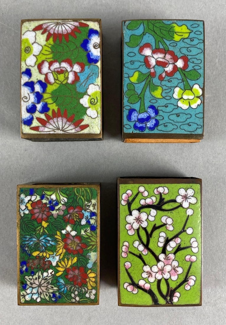 Group of 4 Chinese Cloisonne Enameled Matchbox Covers: Largest measures 2 1/2 x 1 3/4 x 1 inches.