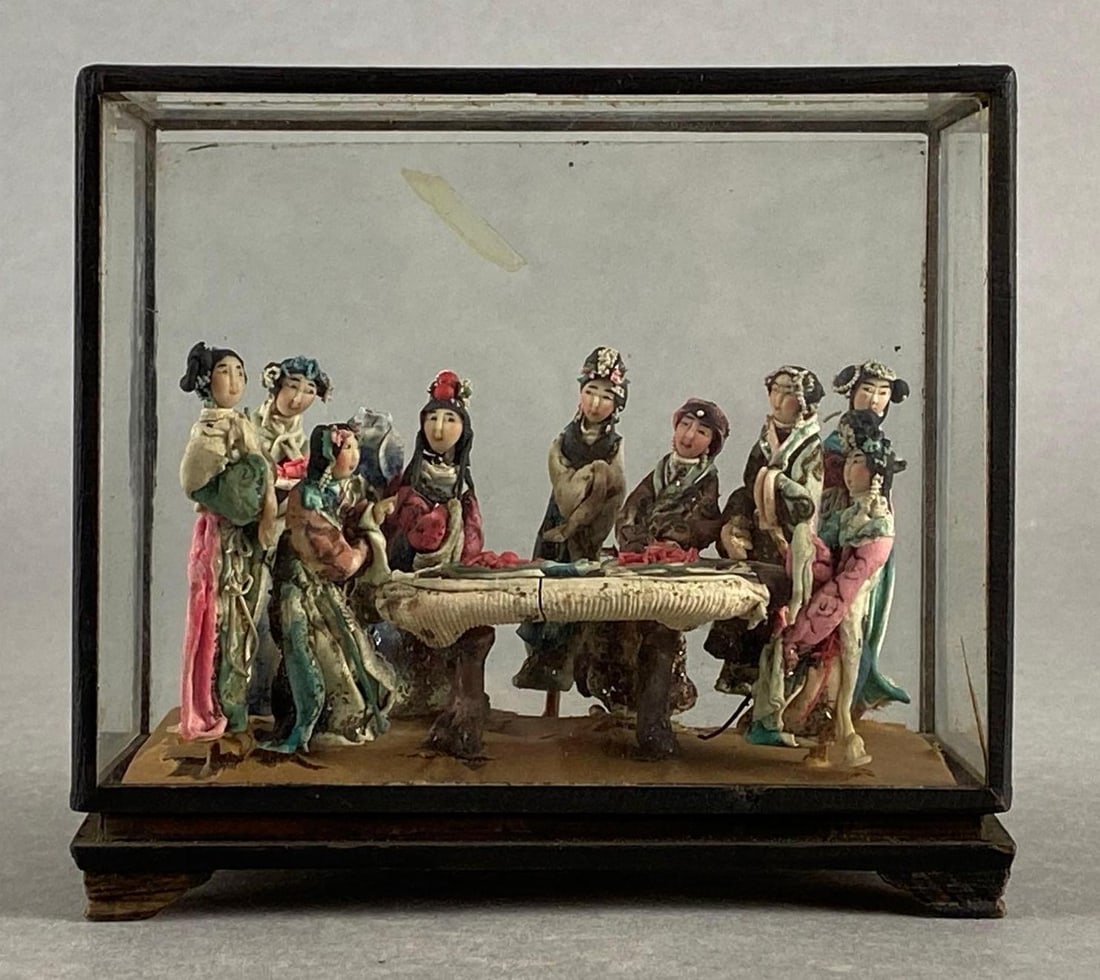 Chinese Clay Figurine Doll Glass Display: Glass panels not attached to frame, One figure missing head, Some broken or missing pieces, Case measures 4 1/2 x 5 x 2 3/4 inches.