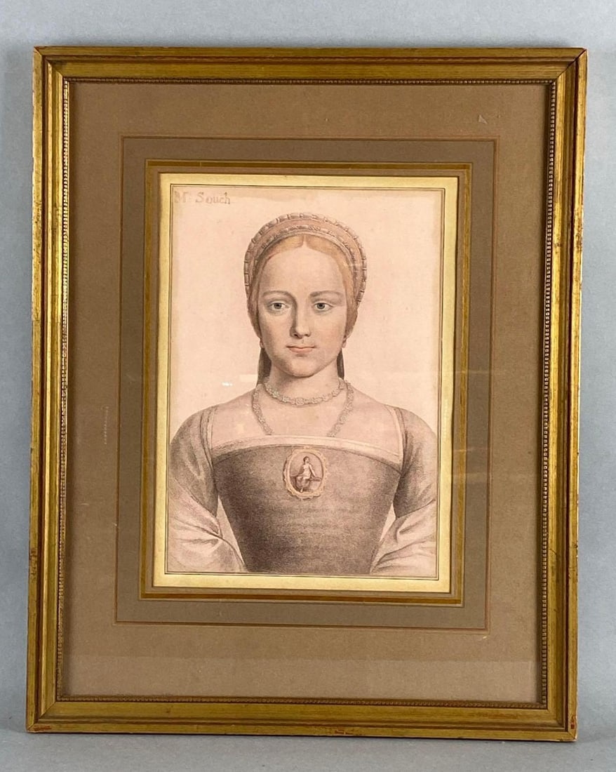 Hans Holbein M. Souch Womans Portrait Engraving on Paper: Francesco Bartolozzi name on backing, Frame measures 20 x 16 inches, Portrait measures 14 x 9 inches.