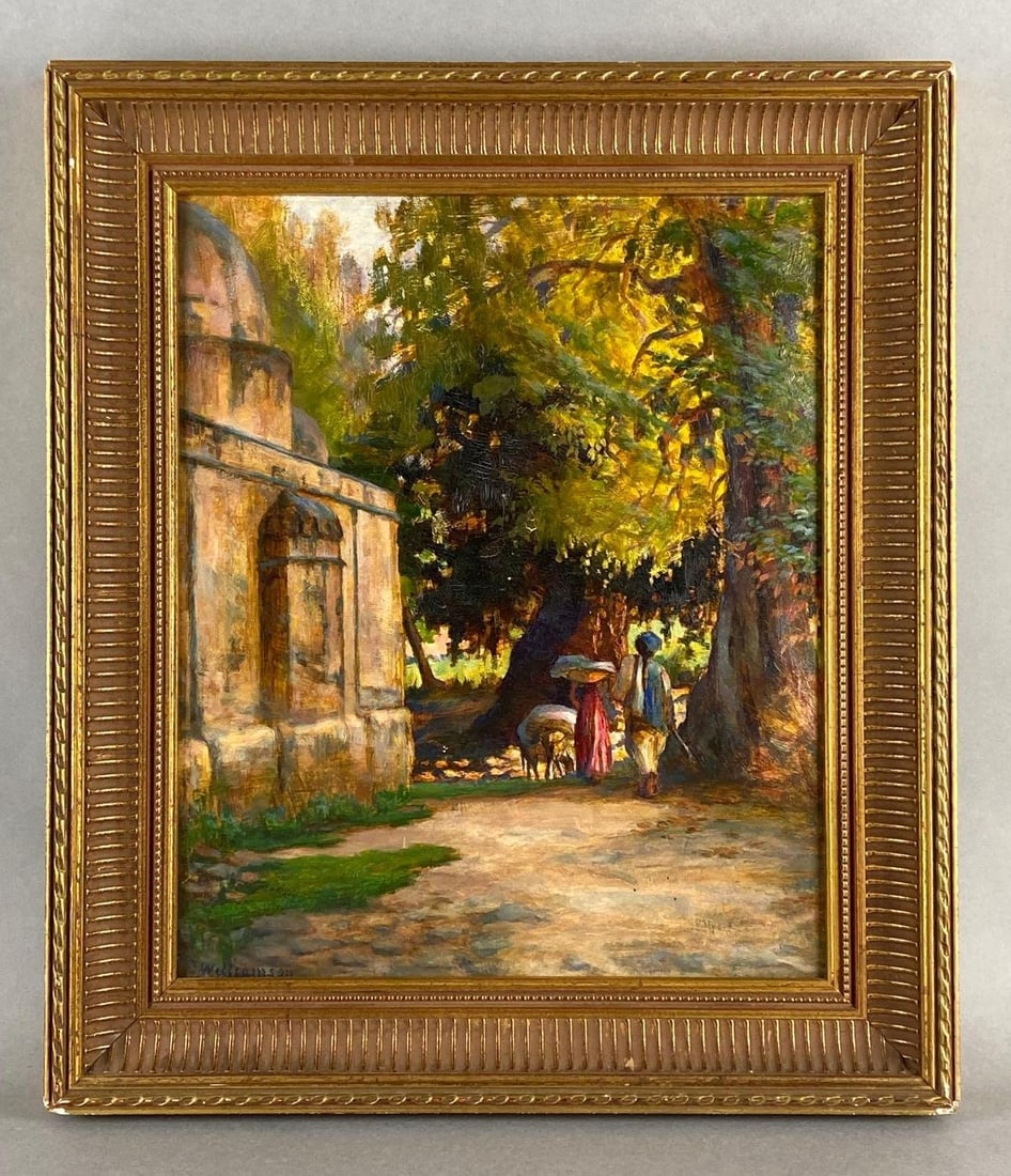 Williamson Impressionist Landscape Oil Painting on Board: Artists signature on bottom left corner, Frame measures 18 1/2 x 16 inches, Board measures 15 x 12 1/2 inches.