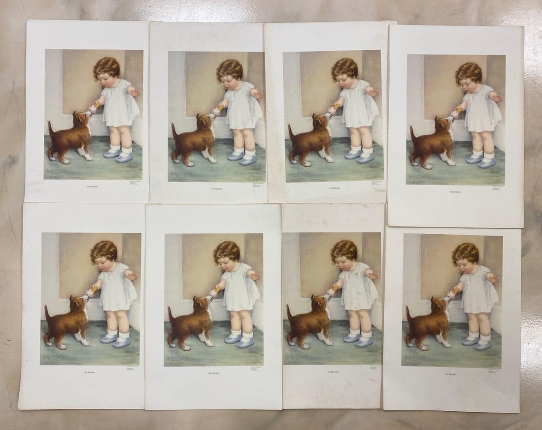 Group of 8 Bessie Gutmann The Reward Lithograph Posters: 1982 Priceless Prints Rockford Illinois, Original published by Gutmann and Gutmann 1939, All measure 21 x 14 inches.