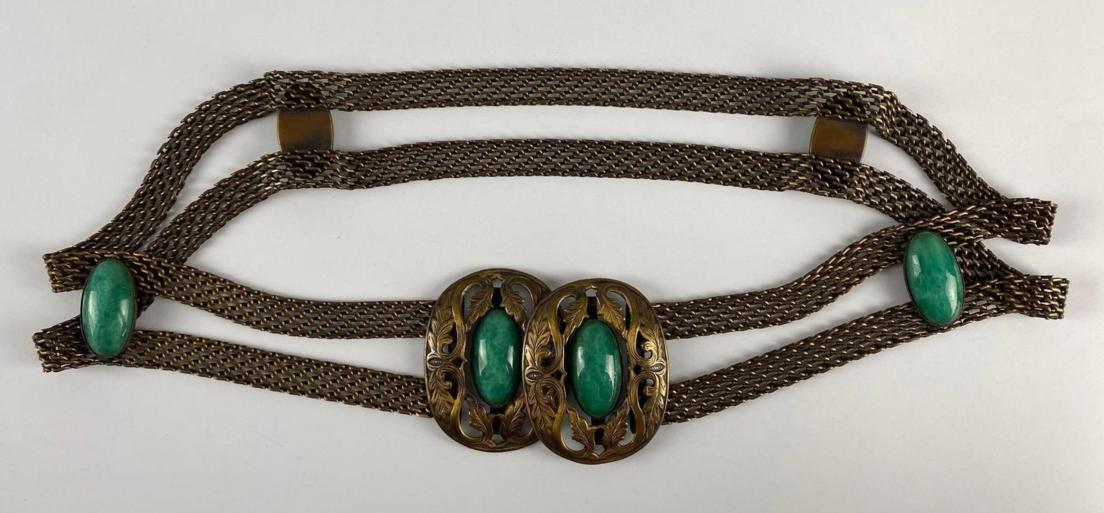 Art Nouveau Chain Waist Belt with Green Hardstones: Clasp broken, Measures 30 inches long.