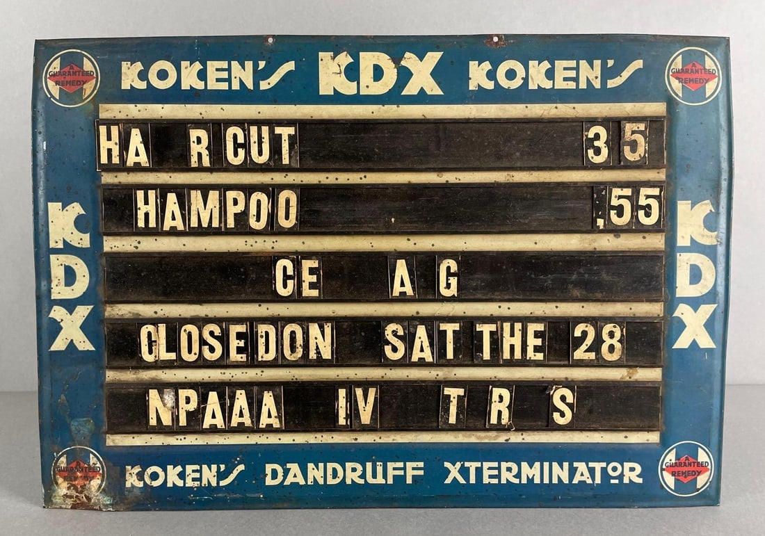 Vintage Kokens KDX Dandruff Xterminator Shampoo Advertising Sign: Tin easel menu, measures 13 1/2 x 19 1/2 inches