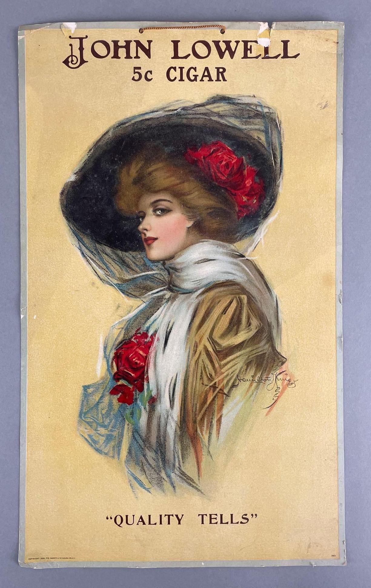 1908 John Lowell Cigar Advertising Lithograph: Hamilton King Some damage at top, measures 20 x 12 inches