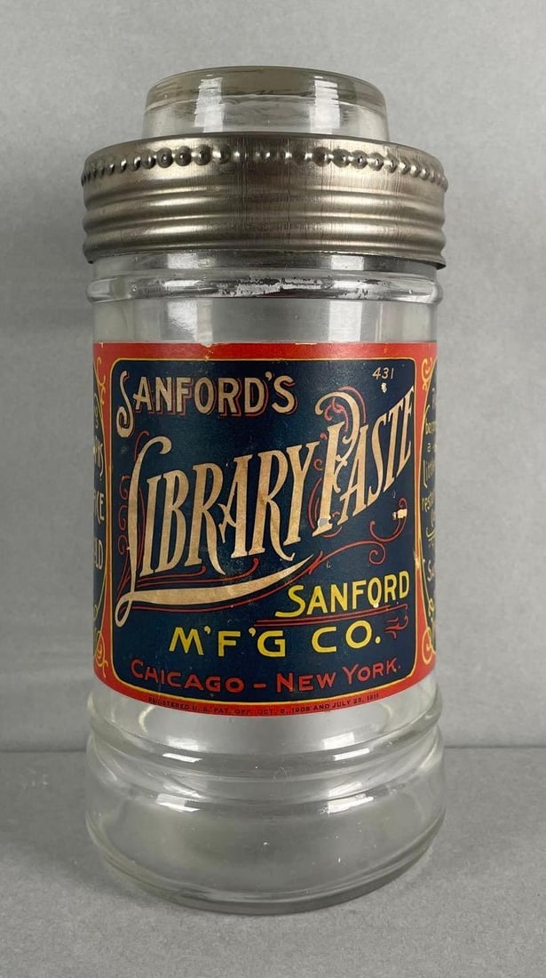 Vintage Sanfords Library Paste Glass Advertising Jar: Measures 8 x 4 inches