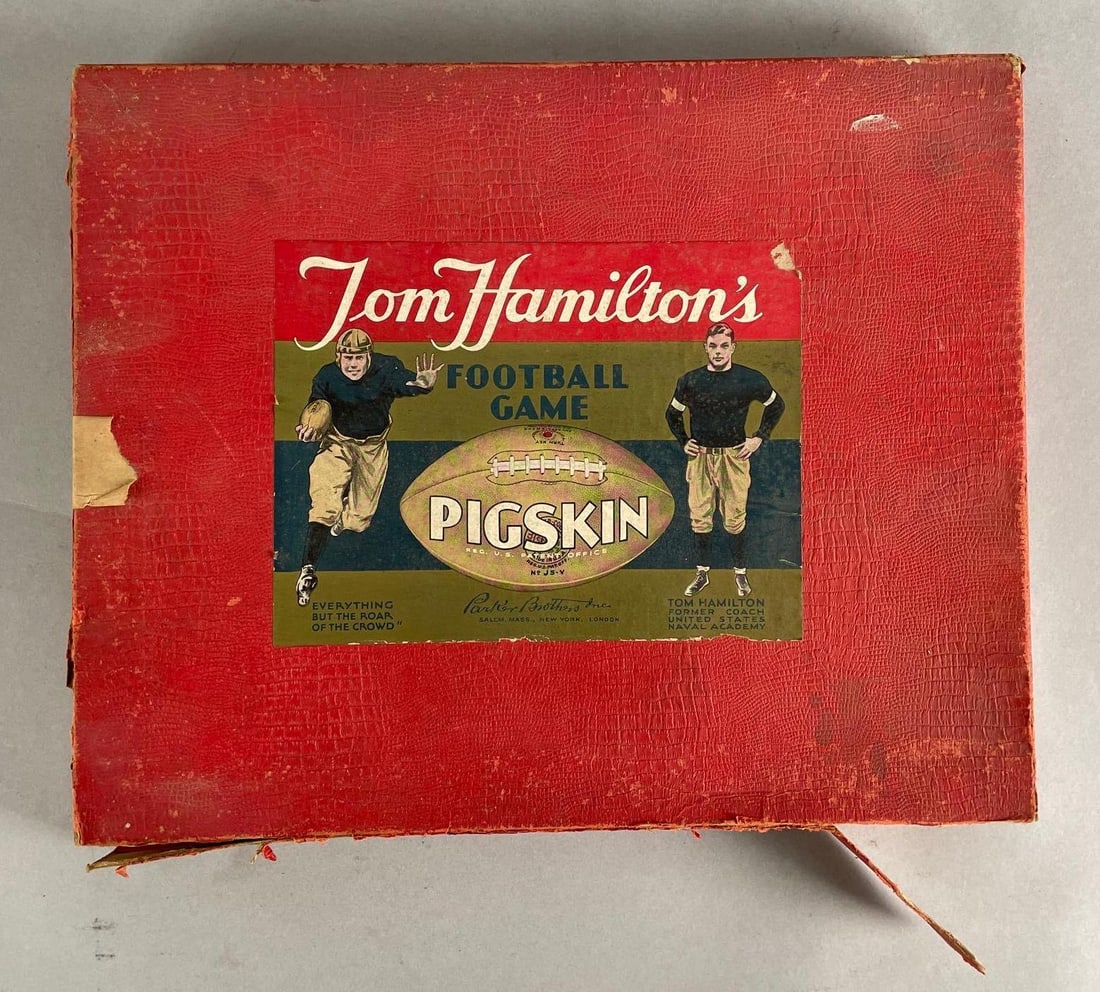 Vintage Tom Hamilton Pigskin Football Board Game: Appears complete. Box coming apart, measures 12 1/2 x 15 1/2 x 2 inches