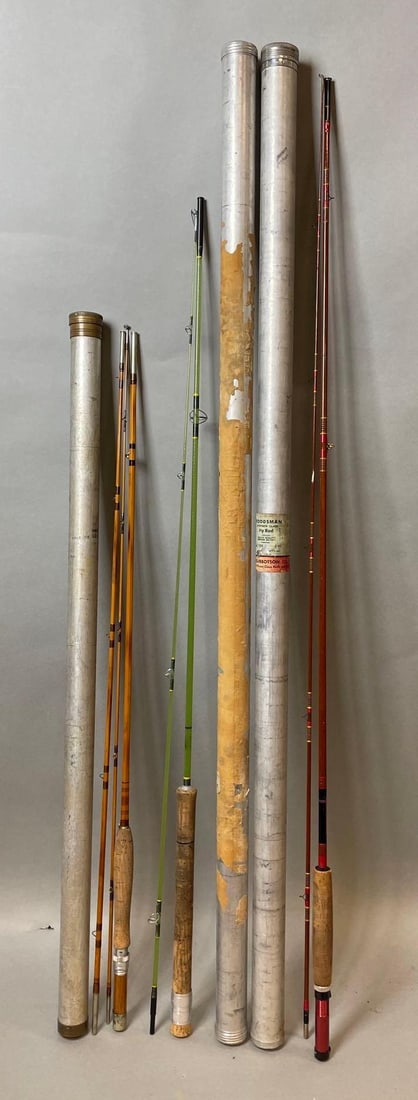 Group of 3 Vintage Fishing Rods with Fred E. Thomas Special Bamboo Fishing Rod and Others: Includes Fred E. Thomas Special Bamboo Fly Fishing Rod, woodsman no. 1208 fly fishing rod , Shakespeare wonderod, includes cloth bags. The Fred E. Thomas has two replacement swivel guides (1) for the