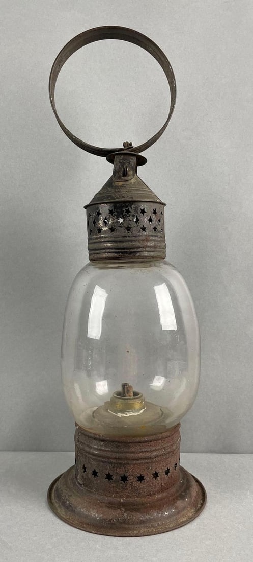 Antique Whale Oil Lantern: Unmarked, measures 16 1/2 x 5 3/4 inches